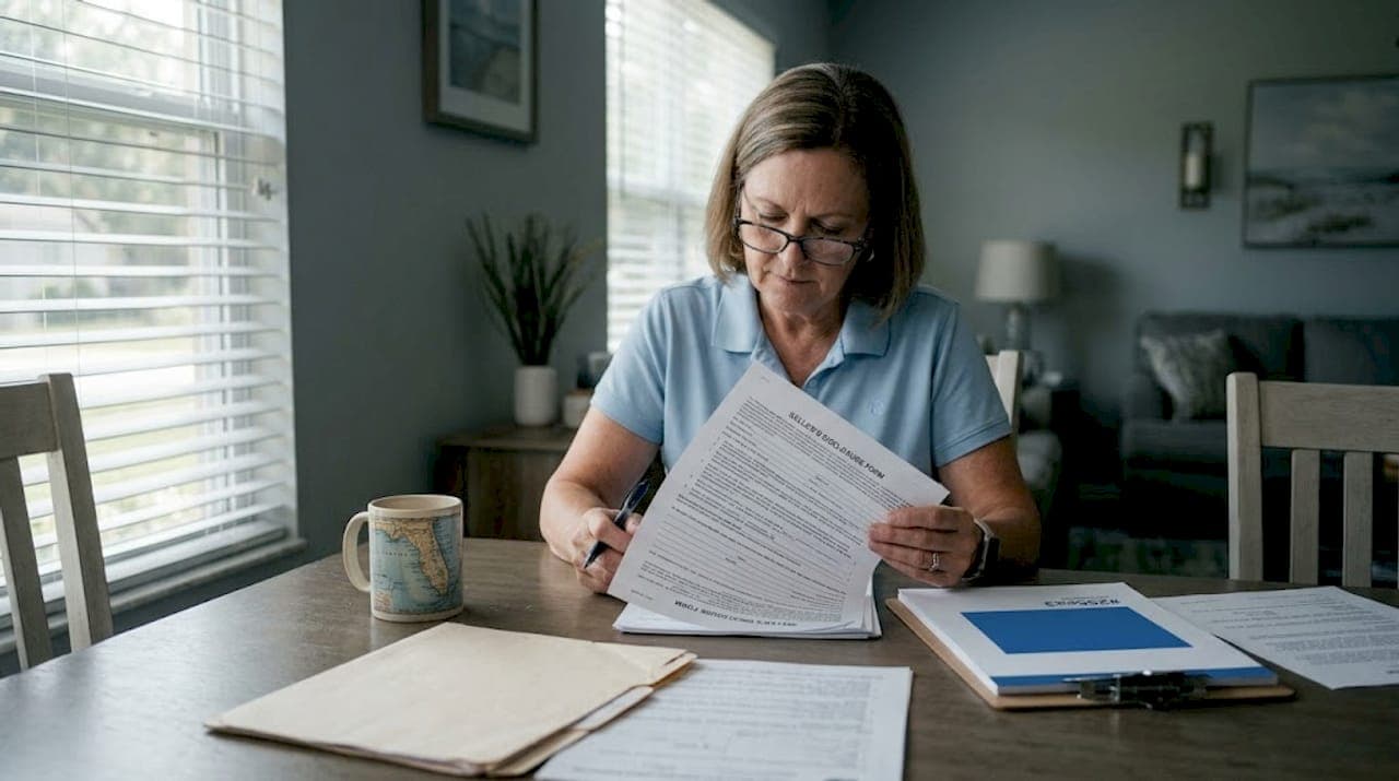 Home seller reviewing documents at dining table