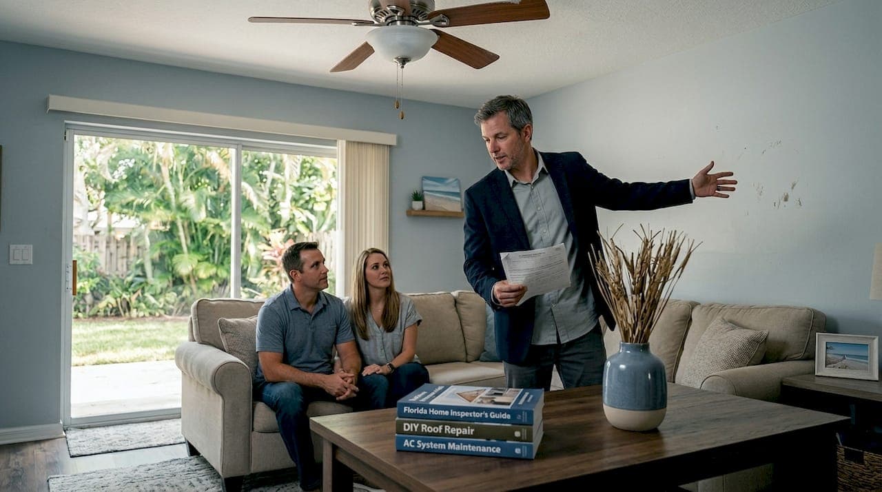 Agent showing inspection report to home sellers