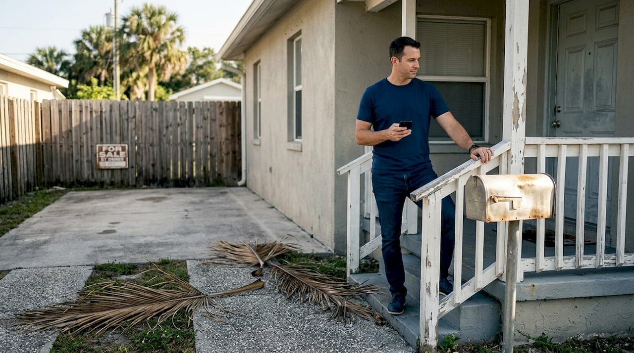 Investor viewing damaged Florida house for sale