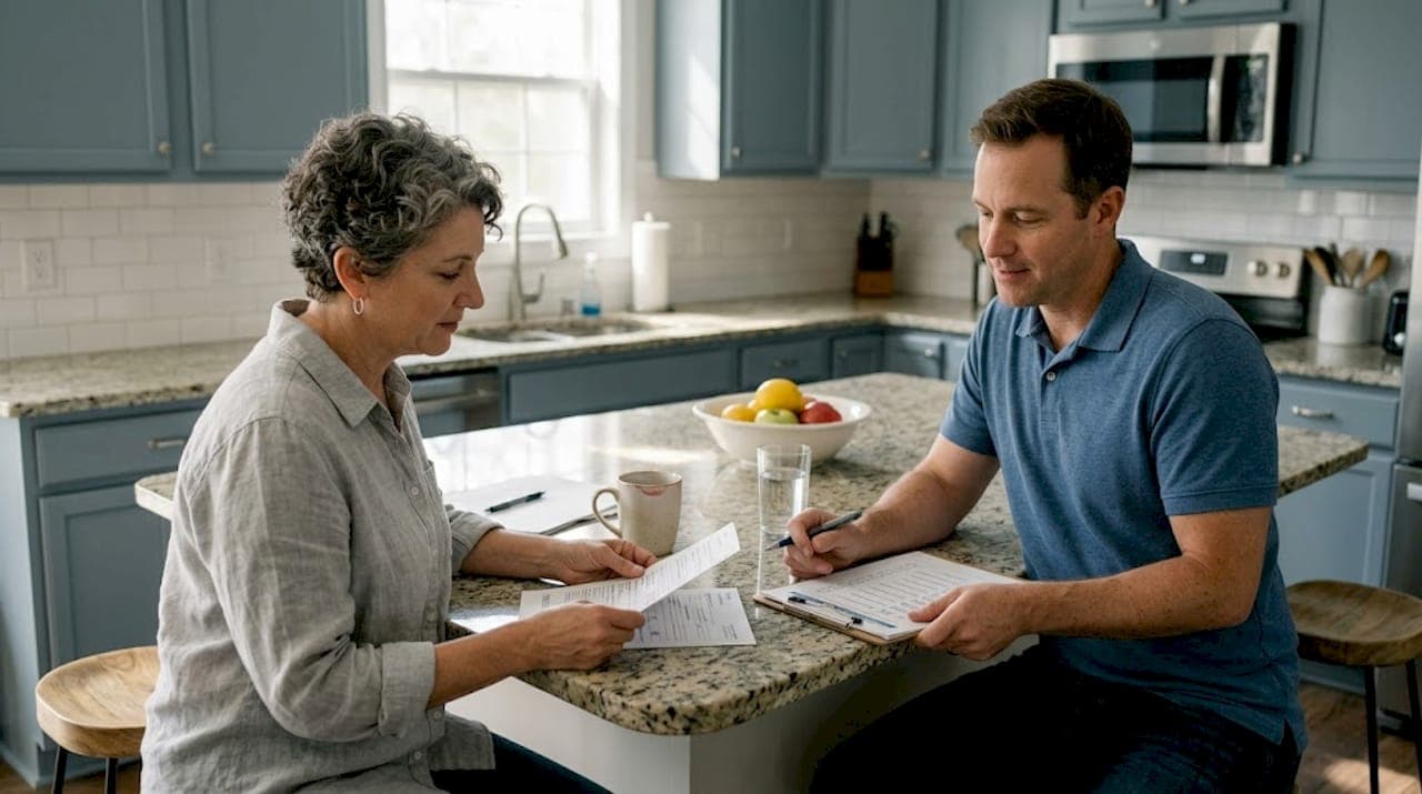 Homeowner and agent discussing sale at kitchen island