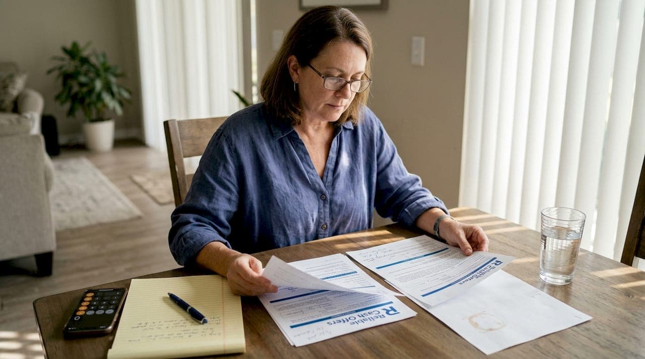 Woman comparing cash buyer offers at dining table