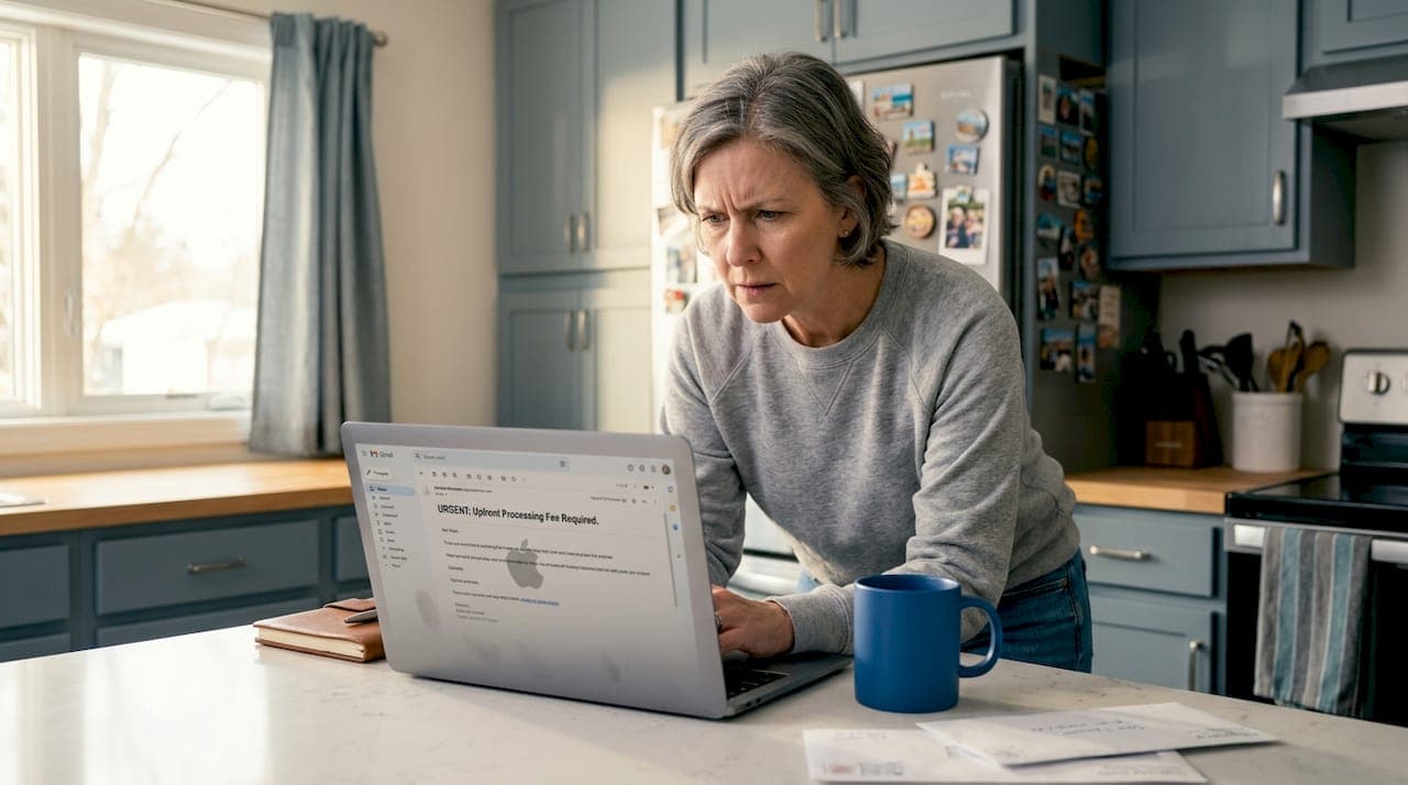 Homeowner scrutinizing scam warning email