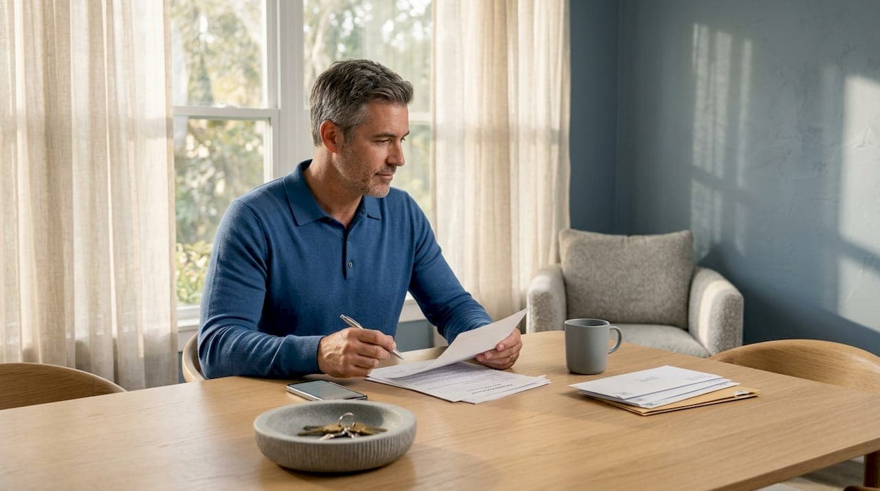 Homeowner preparing urgent Florida house sale paperwork