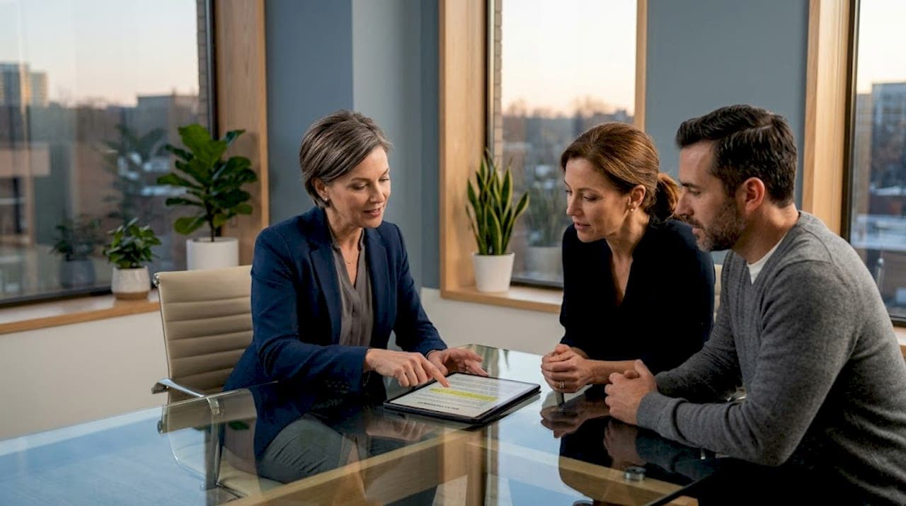 Agent and sellers discussing sale contract at table