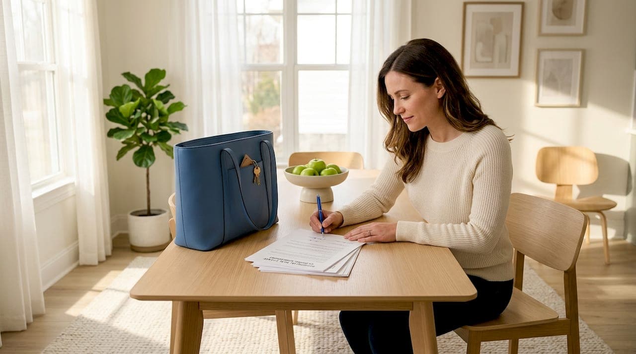 Signing cash sale paperwork in bright living room