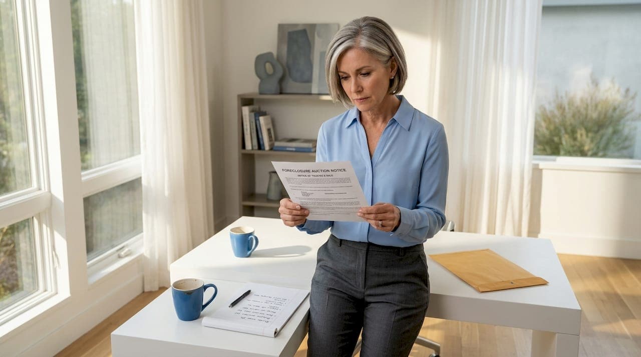 Realtor reviewing foreclosure auction notice in office