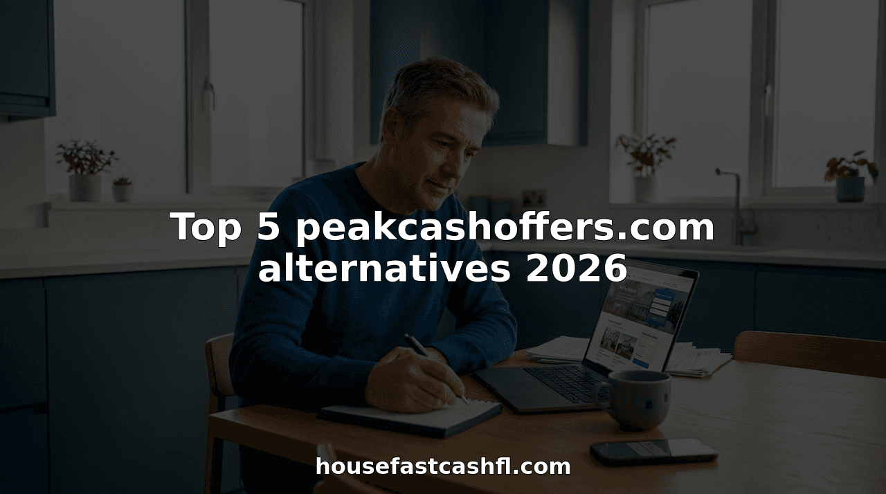 Homeowner reviewing cash offer websites at kitchen table