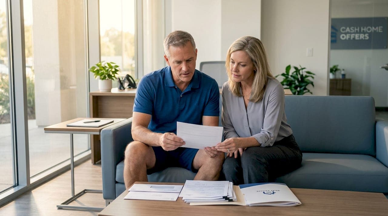 Florida homeowners sorting documents in living room