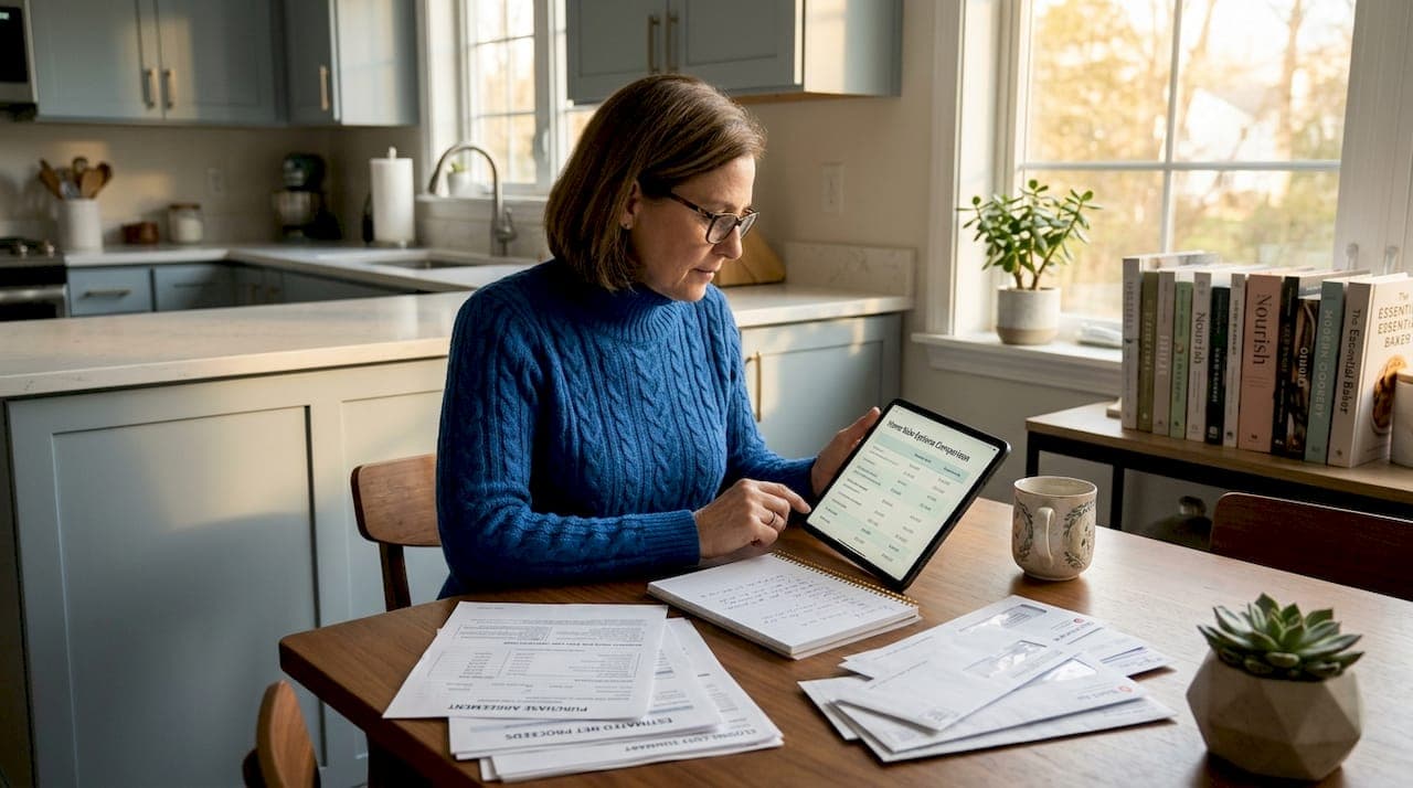 Woman reviewing home sale papers at kitchen table