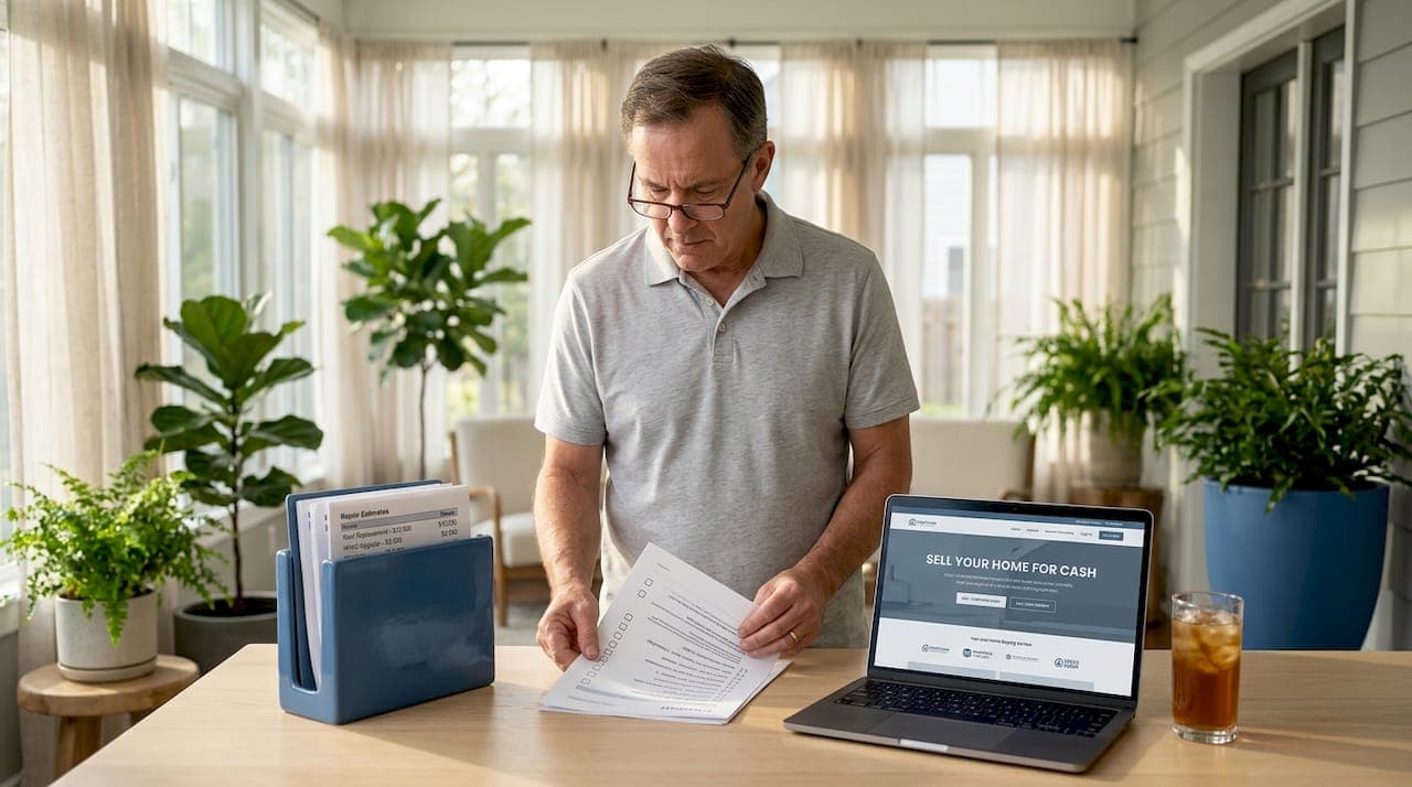 Man sorting home sale paperwork in kitchen
