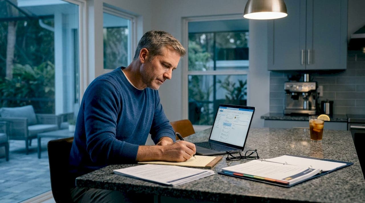 Homeowner reviewing cash offer documents in kitchen