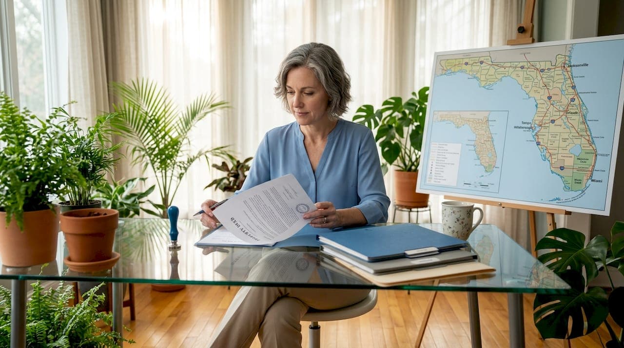Woman examines property deed in home office