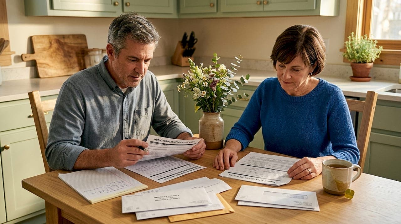 Couple reviews homestead exemption documents