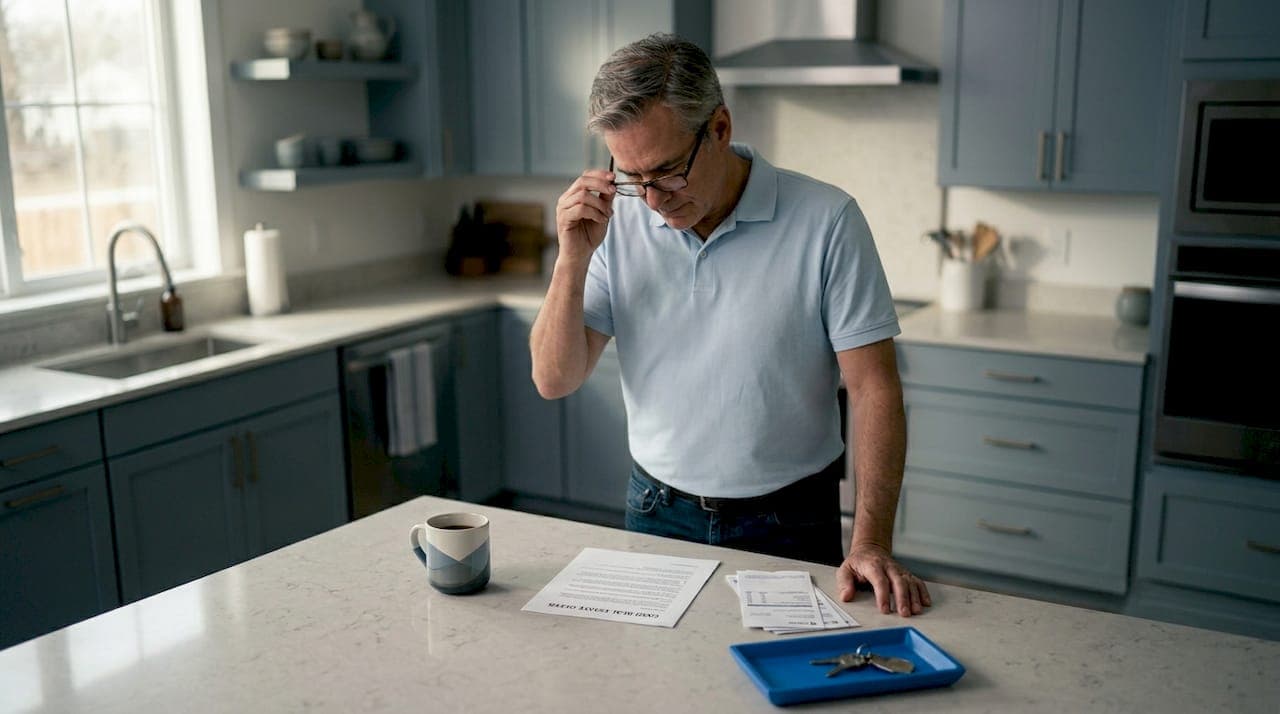 Homeowner reviewing cash offer letter in kitchen