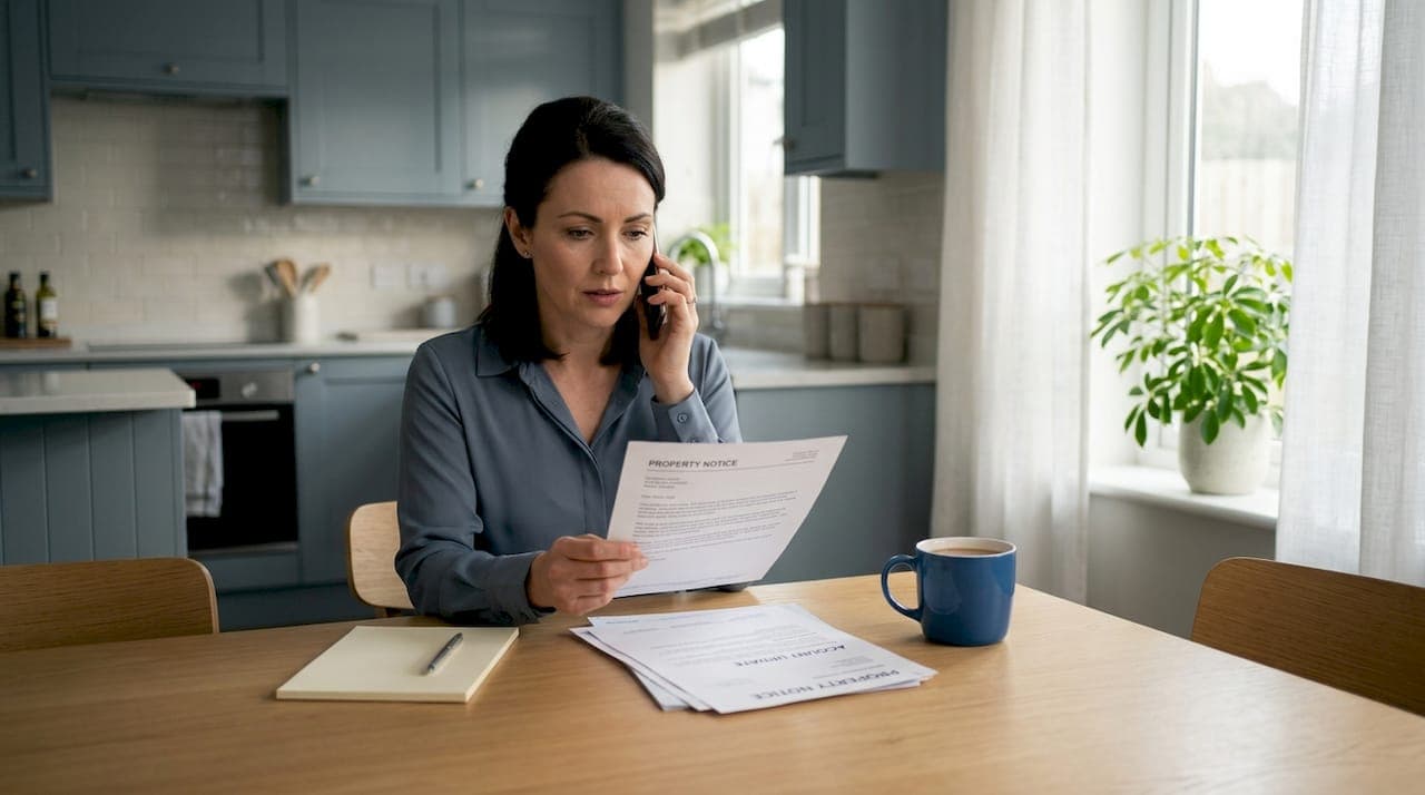 Seller reading letter, talking on phone at table