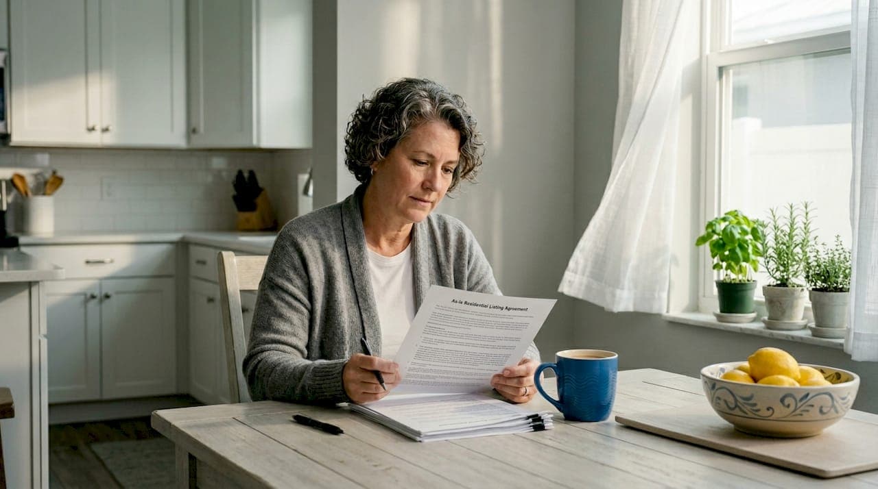 Homeowner reviewing as-is sale paperwork