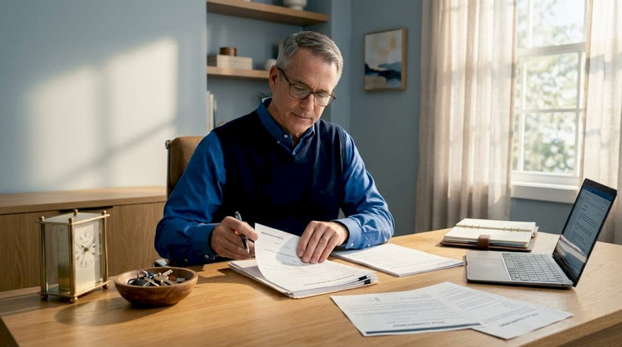 Title agent organizing real estate sale paperwork