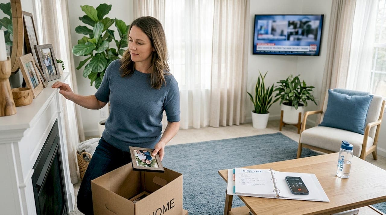 Homeowner preparing living room during urgent sale