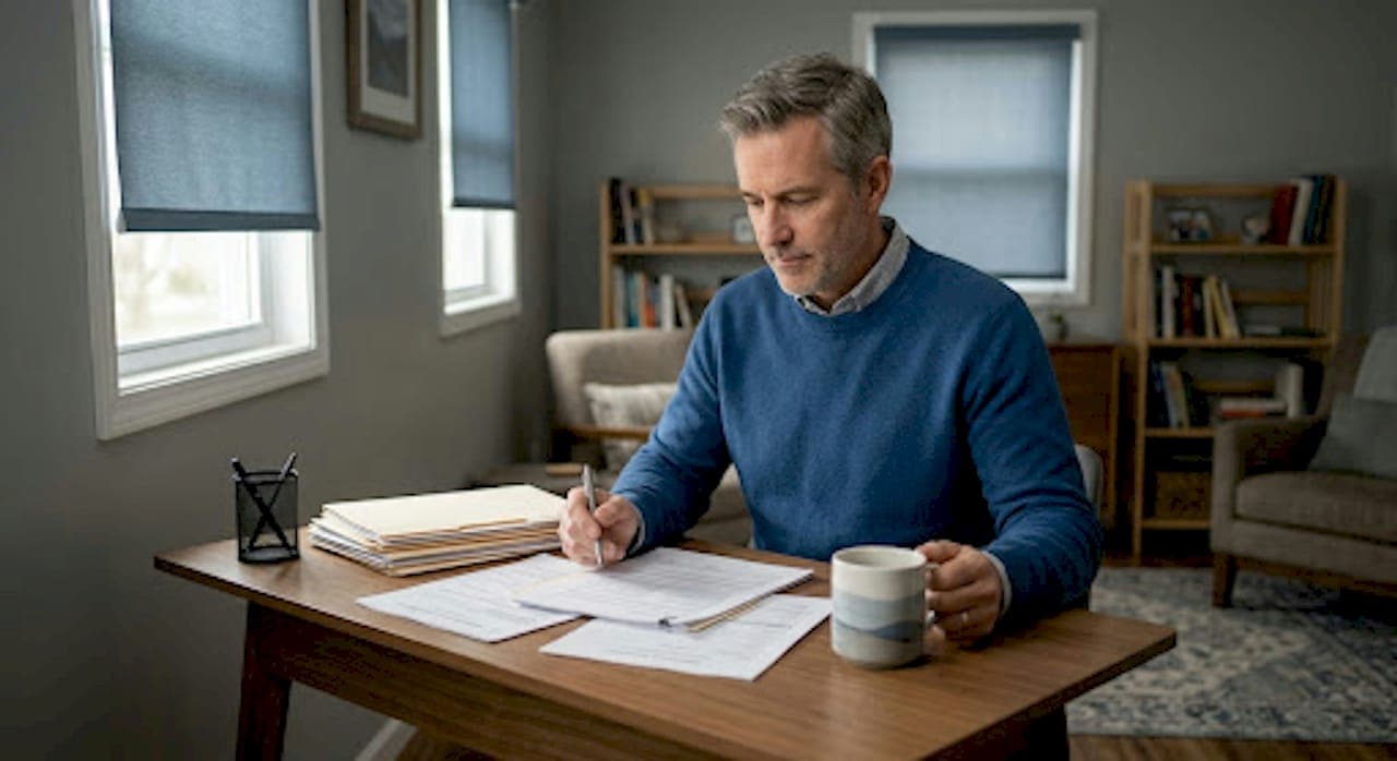 Heir reviewing inherited property paperwork in home
