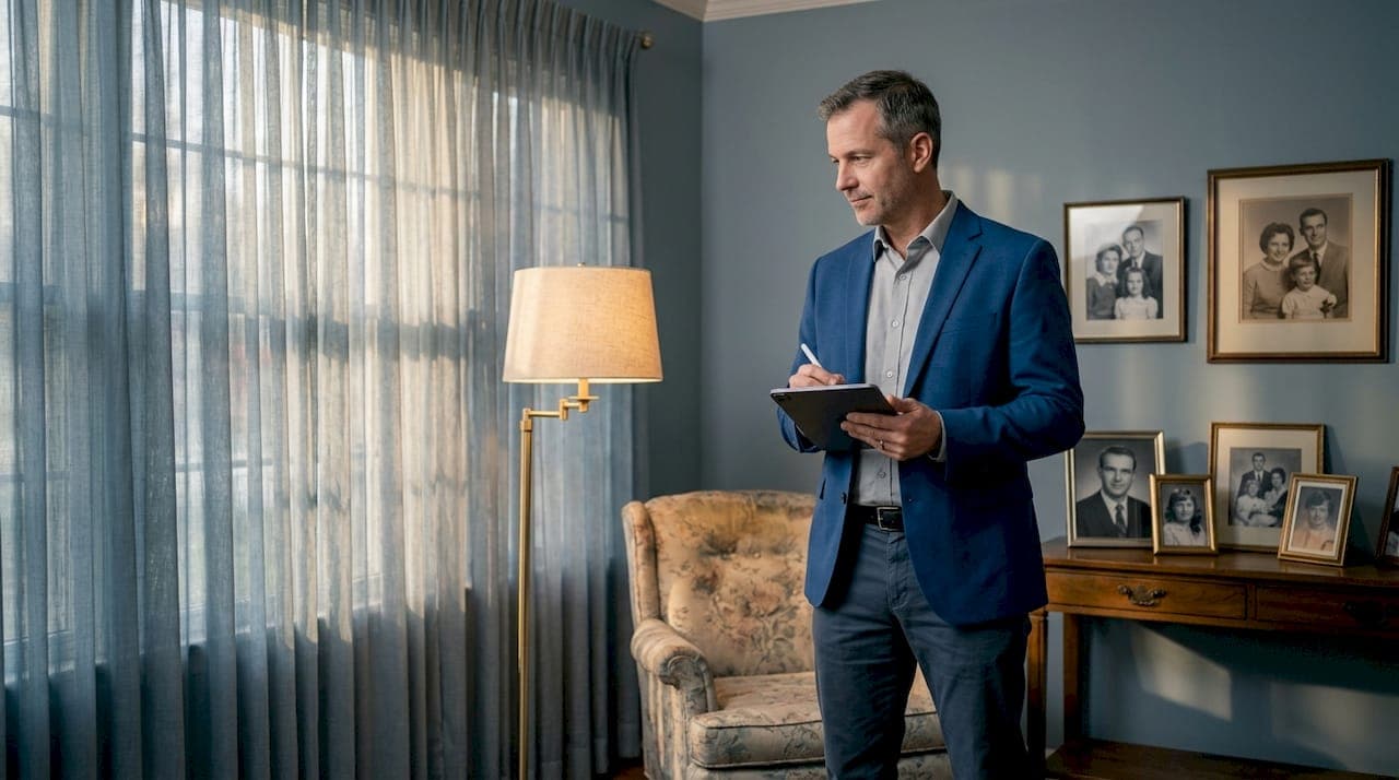 Appraiser assessing condition of inherited home interior