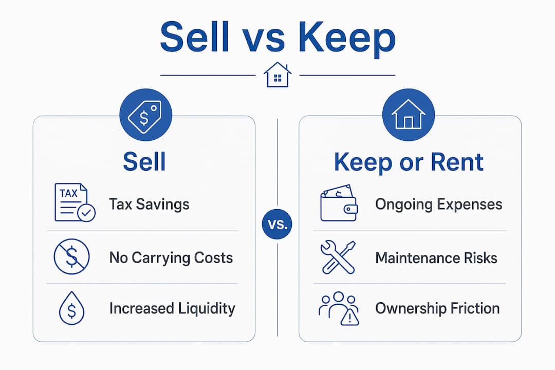 Infographic comparing sell versus keep inherited property benefits