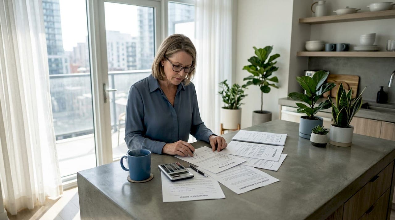 Person reviewing inherited property paperwork at kitchen table