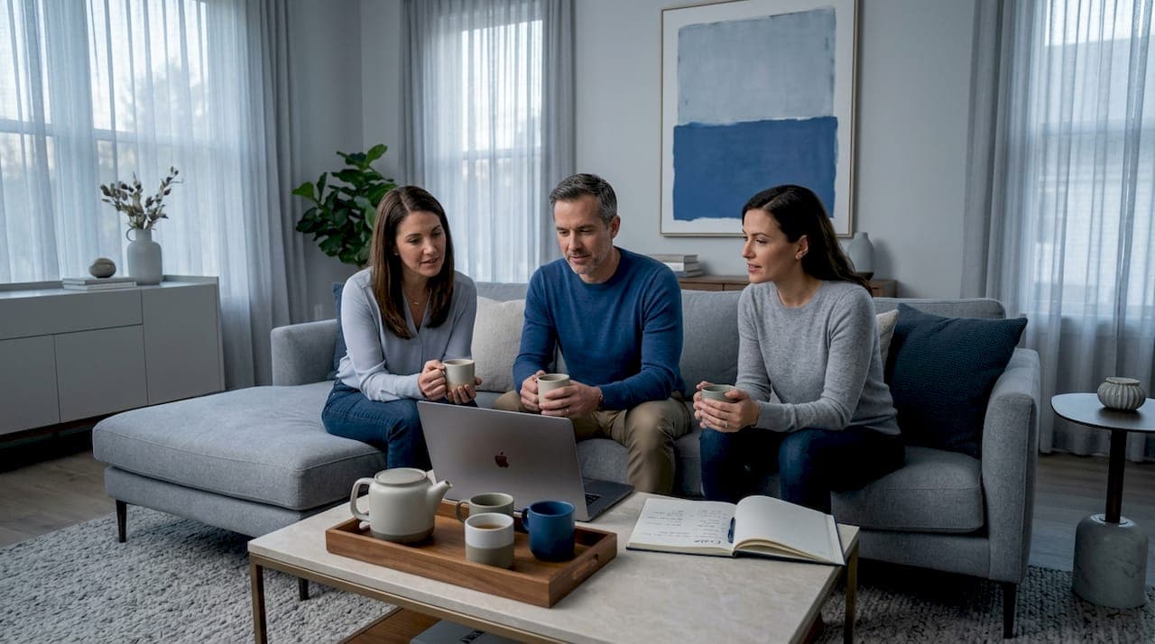 Siblings discussing inherited property plans in living room