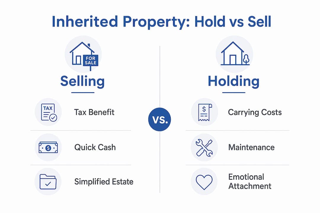 Infographic comparing benefits and costs of selling versus holding inherited property