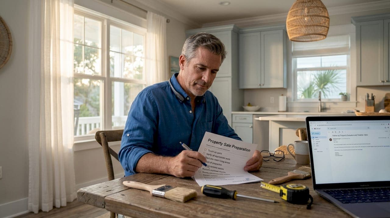 Homeowner reviewing property sale checklist at kitchen table