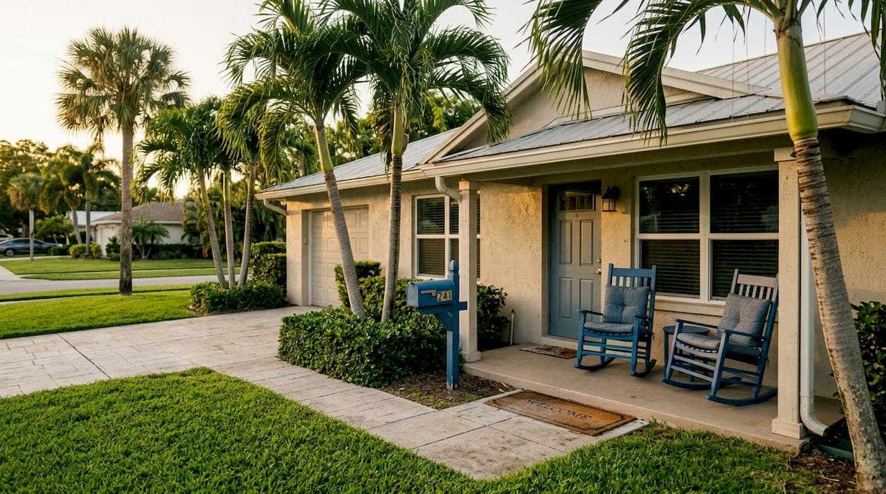 Florida suburban home exterior with palm trees