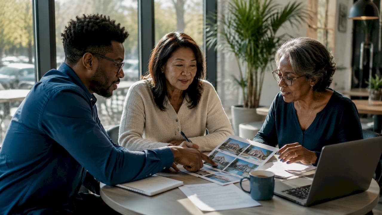 Group discussing inherited property sale types around table