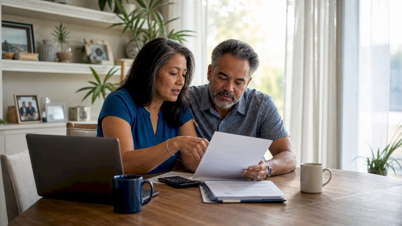 Couple reviewing quick sale paperwork in Florida home