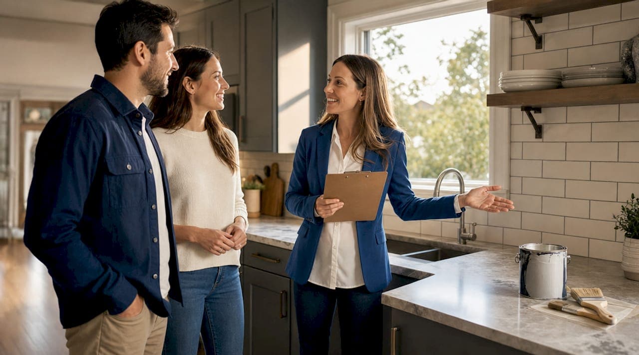 Couple discussing pre-listing prep with agent indoors