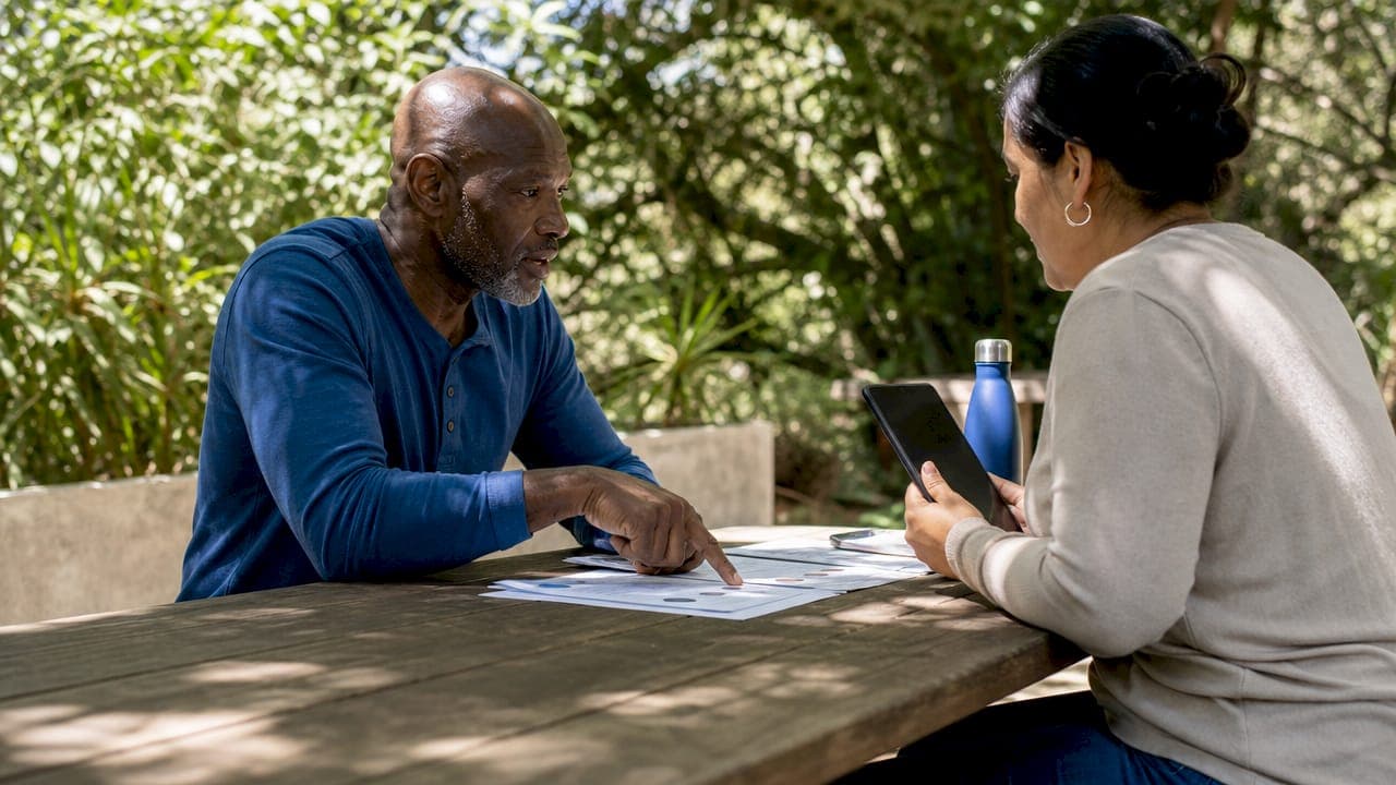 Two landlords discussing rental property sale plan