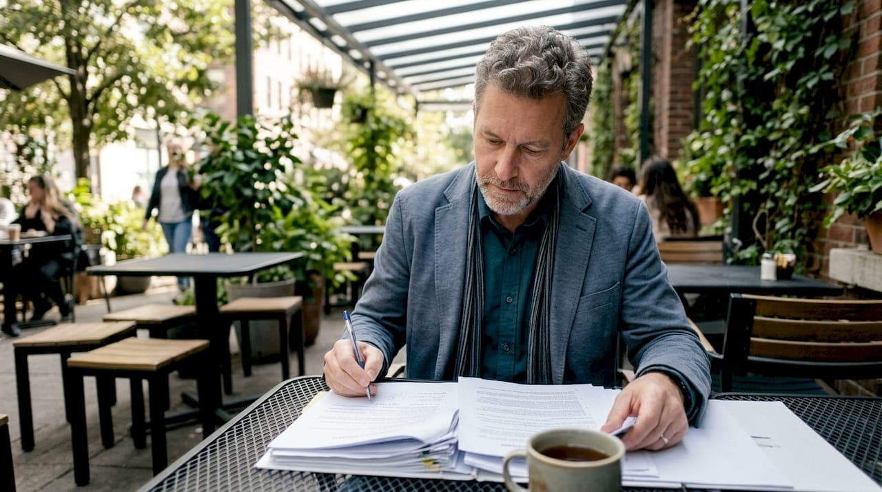 Man reviewing urgent property sale documents at home