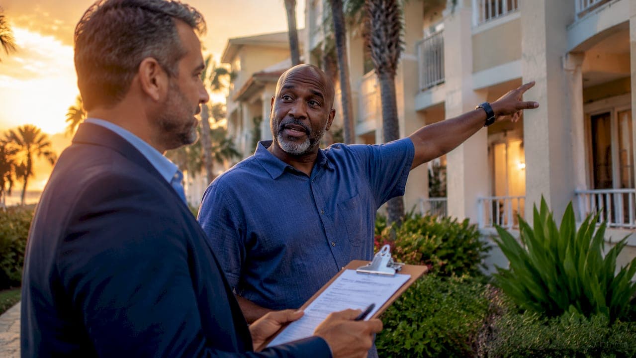 Agent and owner discussing multi-unit sale outdoors