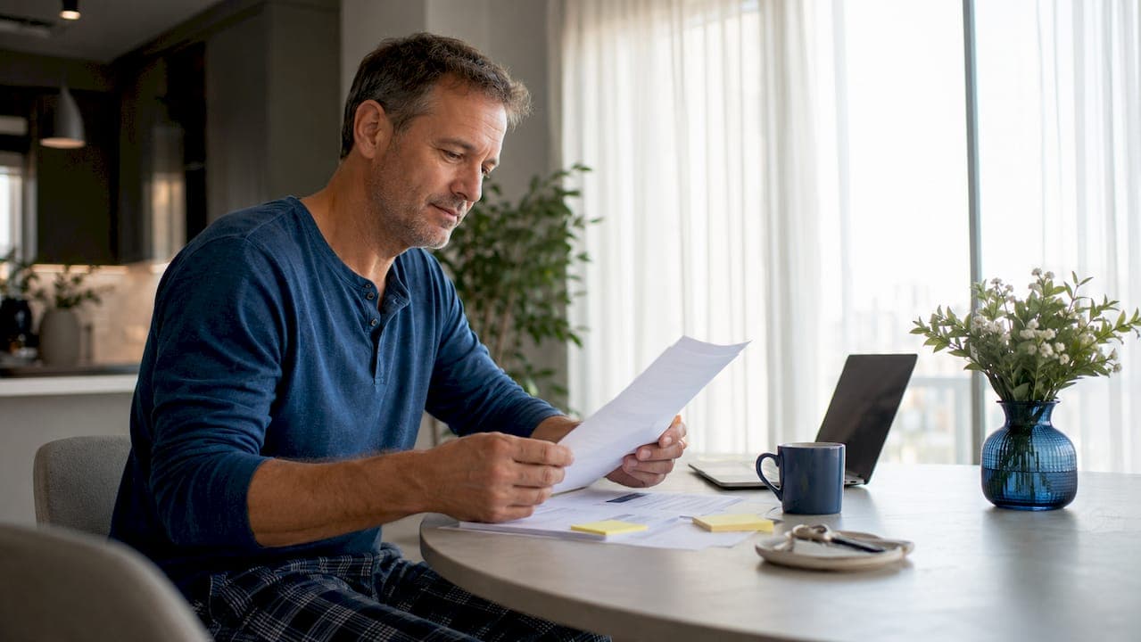 Homeowner reviewing home sale documents at kitchen table