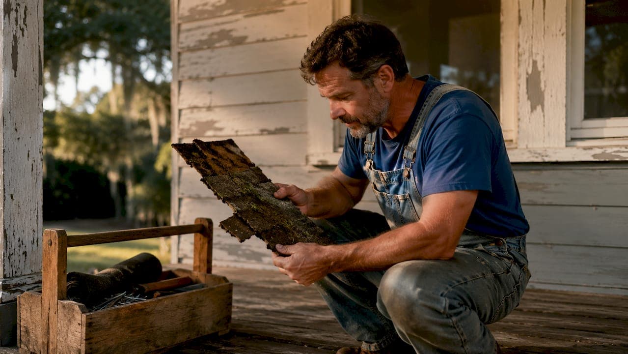 Handyman holding hammer over worn roof shingle