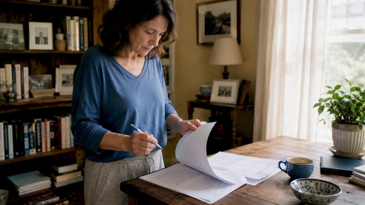 Homeowner reviewing documents to sell without repairs