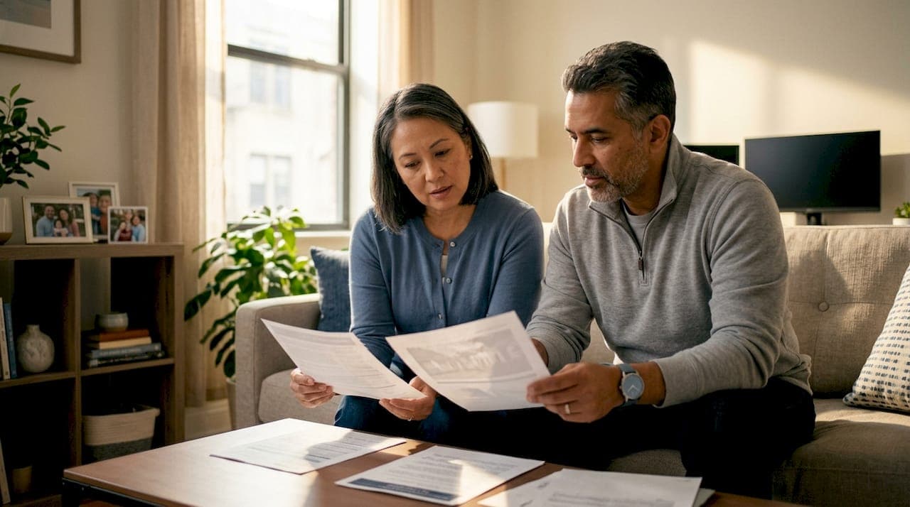 Couple reviewing home buying documents at table