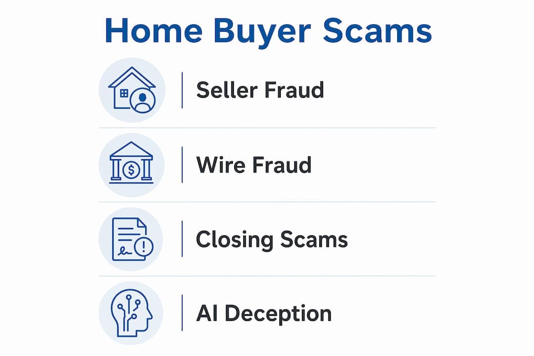 Infographic illustrating common home buyer scams in vertical flow