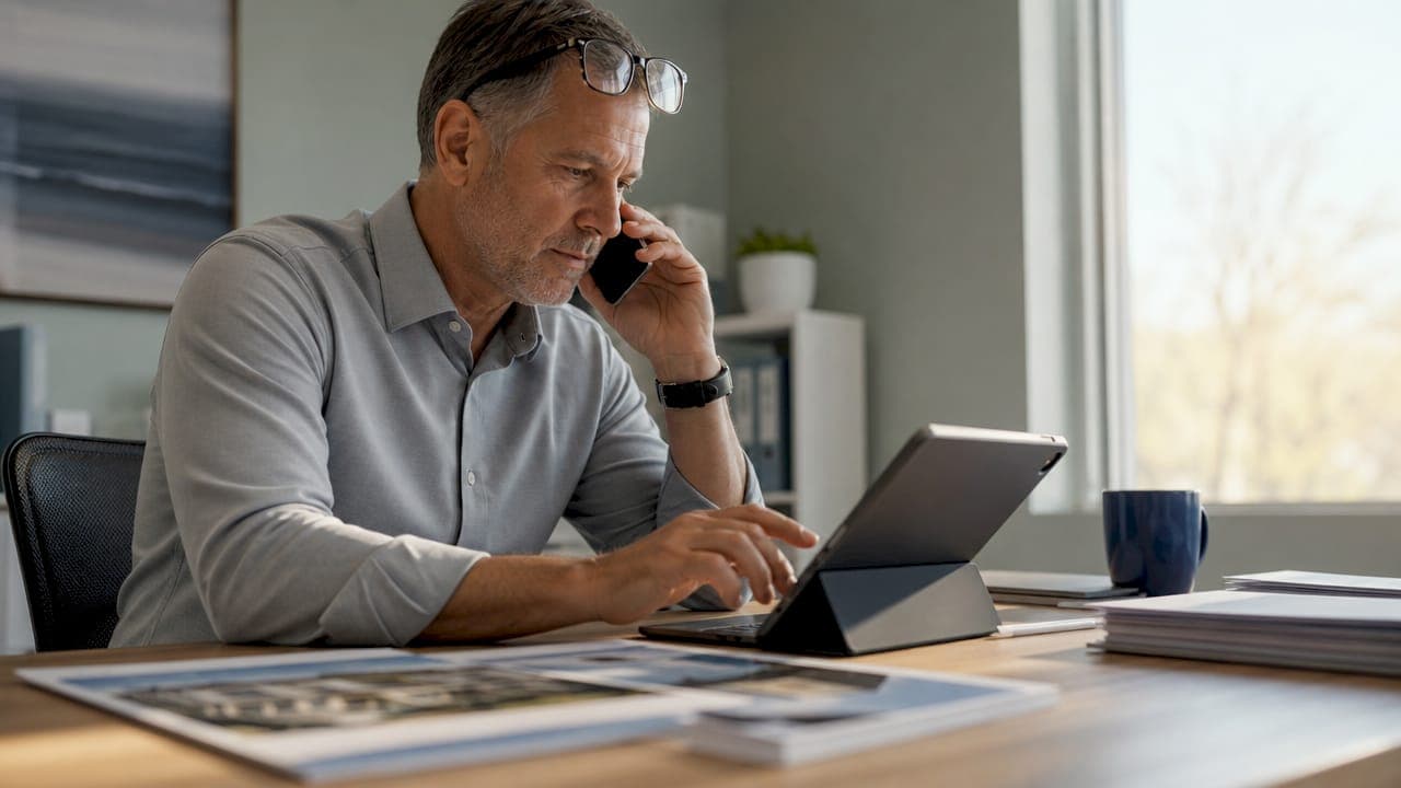 Man executor multitasking on phone and tablet