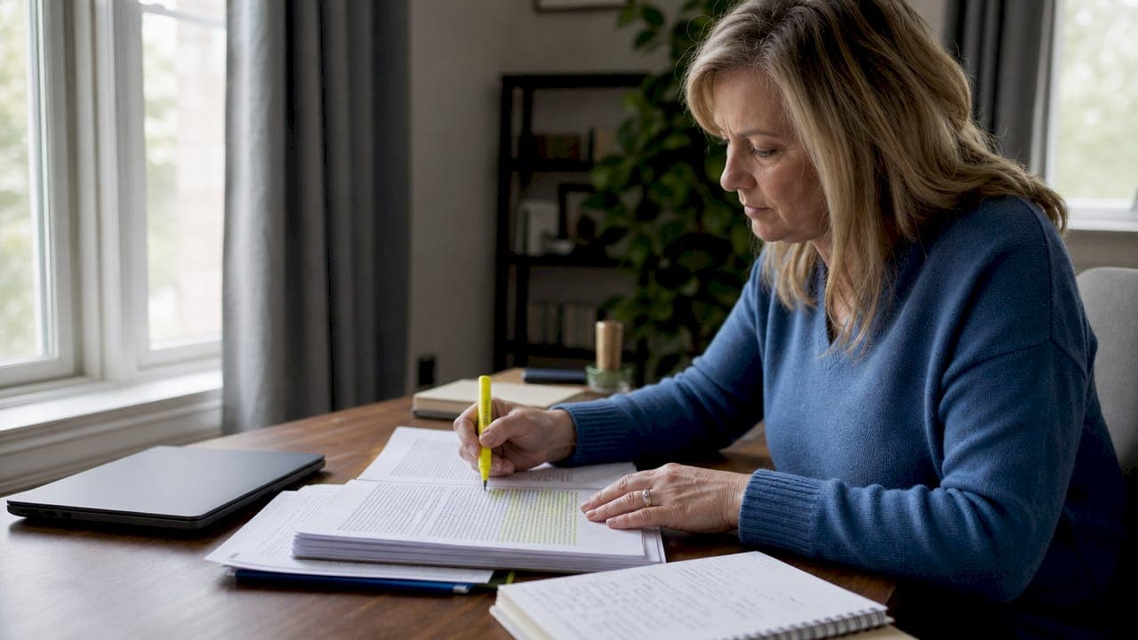 Woman reviewing probate documents at home