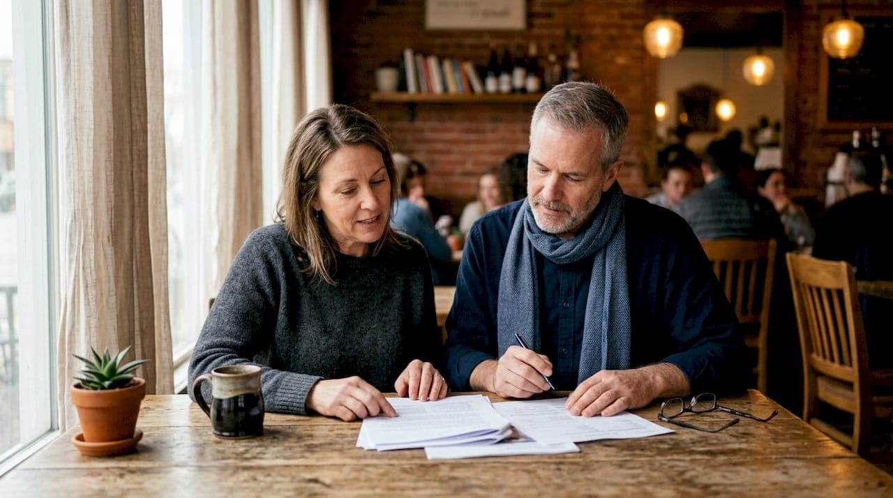 Couple reviewing home sale documents at table