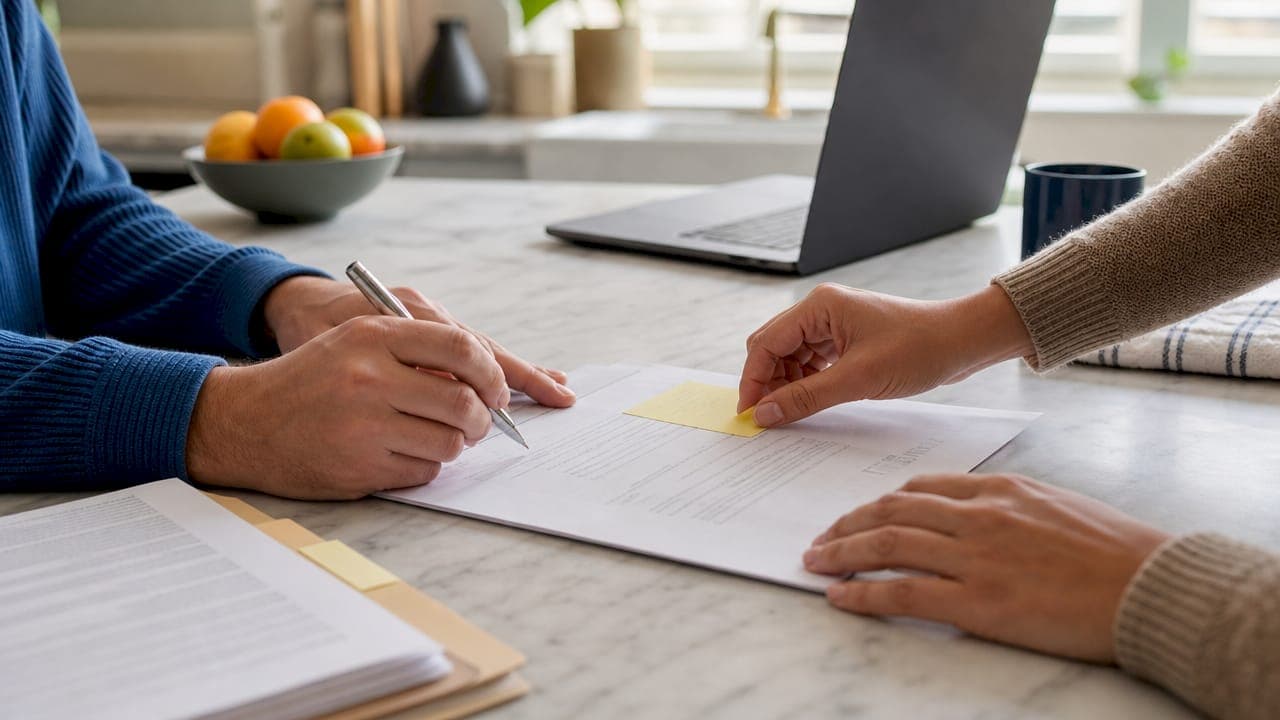 Hands signing simplified home sale paperwork at desk