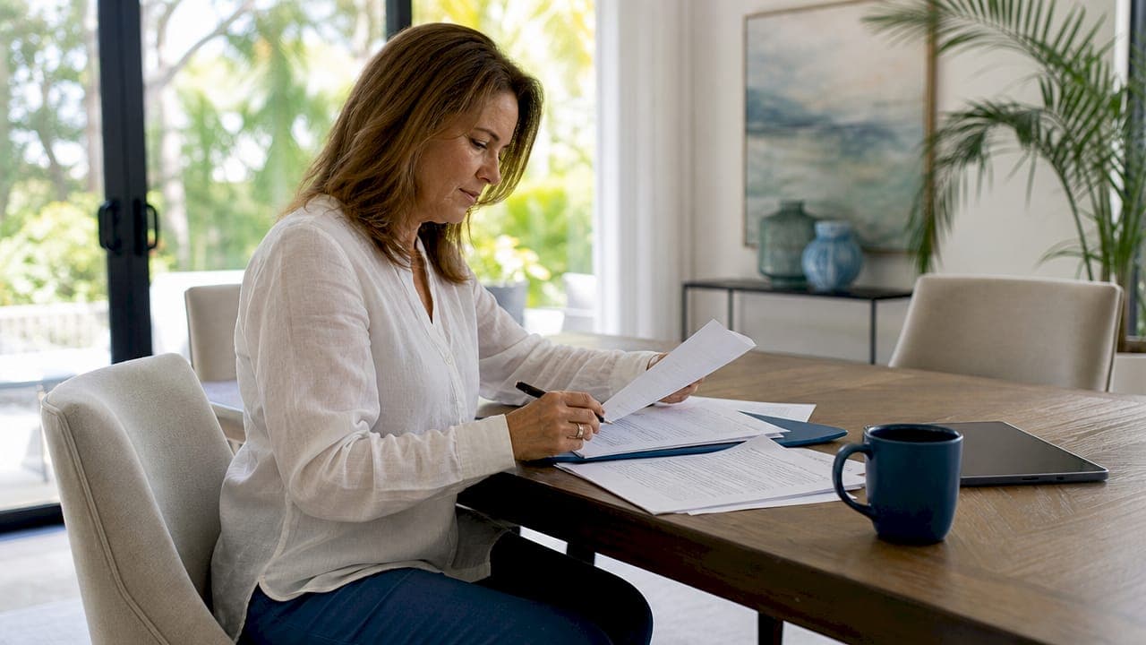 Woman reviewing direct home sale contract at kitchen table