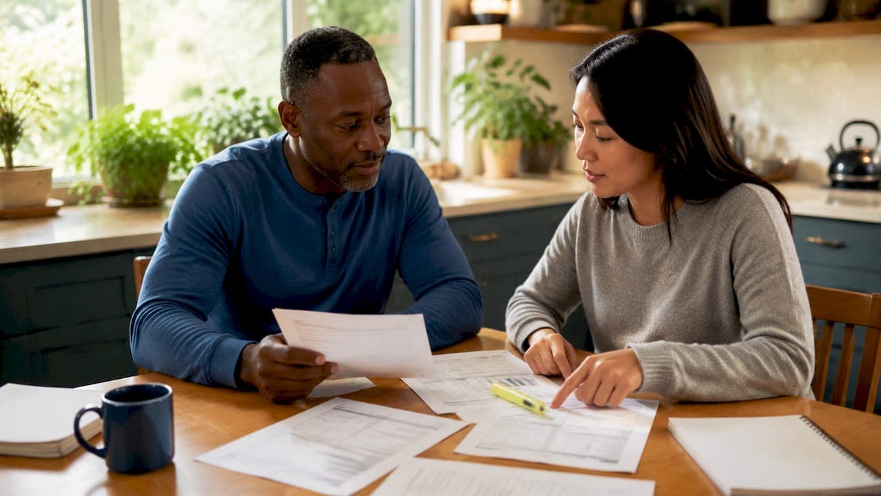 People reviewing financing documents at home