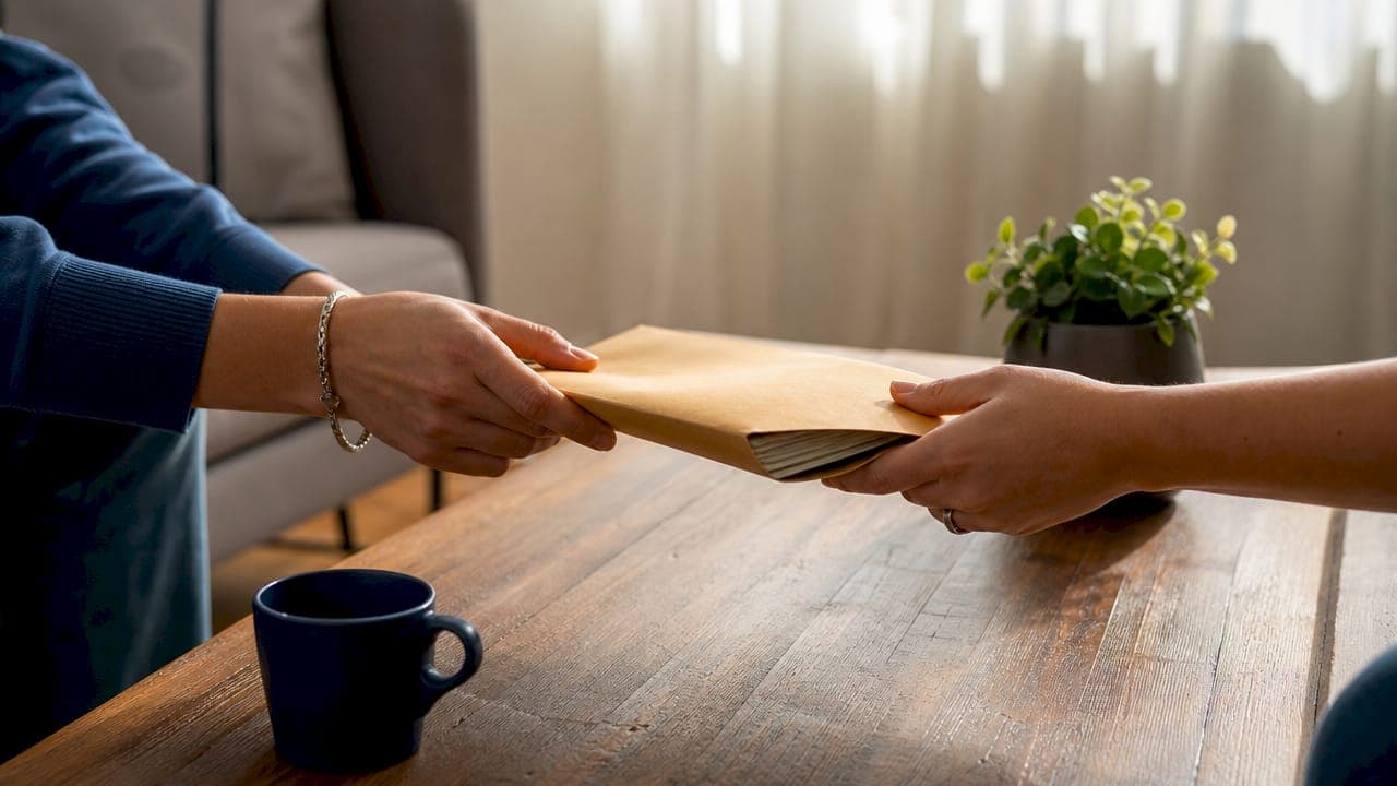 Hands exchanging real estate cash offer envelope overhead