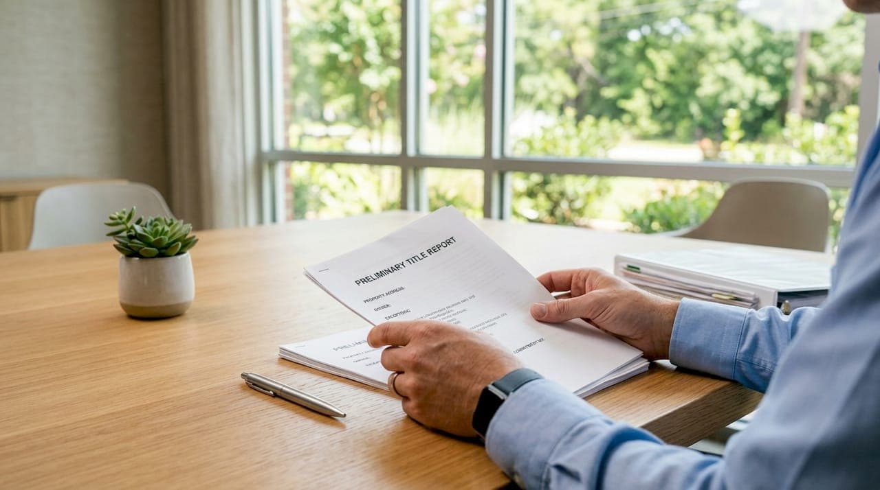 Hands holding preliminary title report on desk