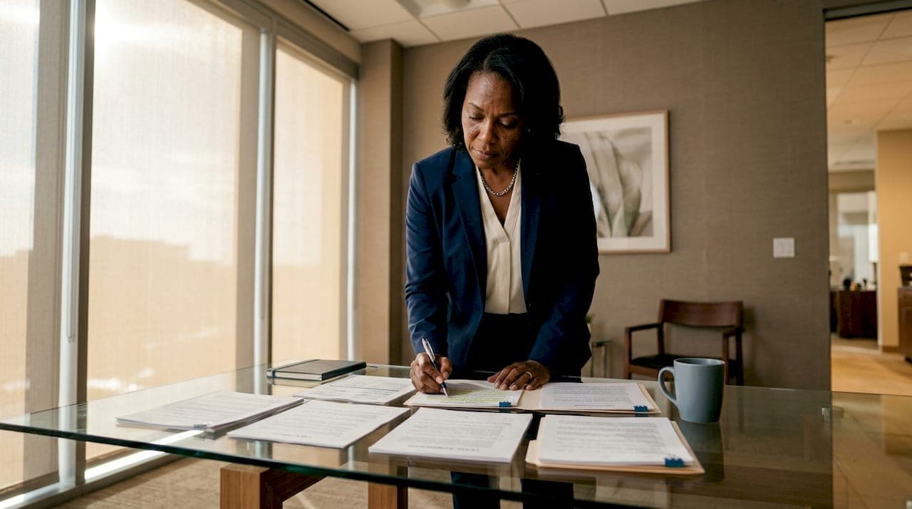 Lawyer reviewing lease and sale documents